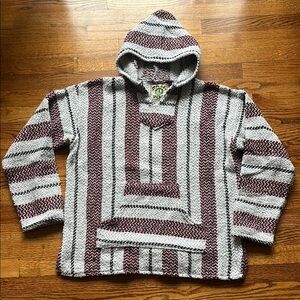 Gray and Maroon Baja Hoodie Sweater with Textured Knit